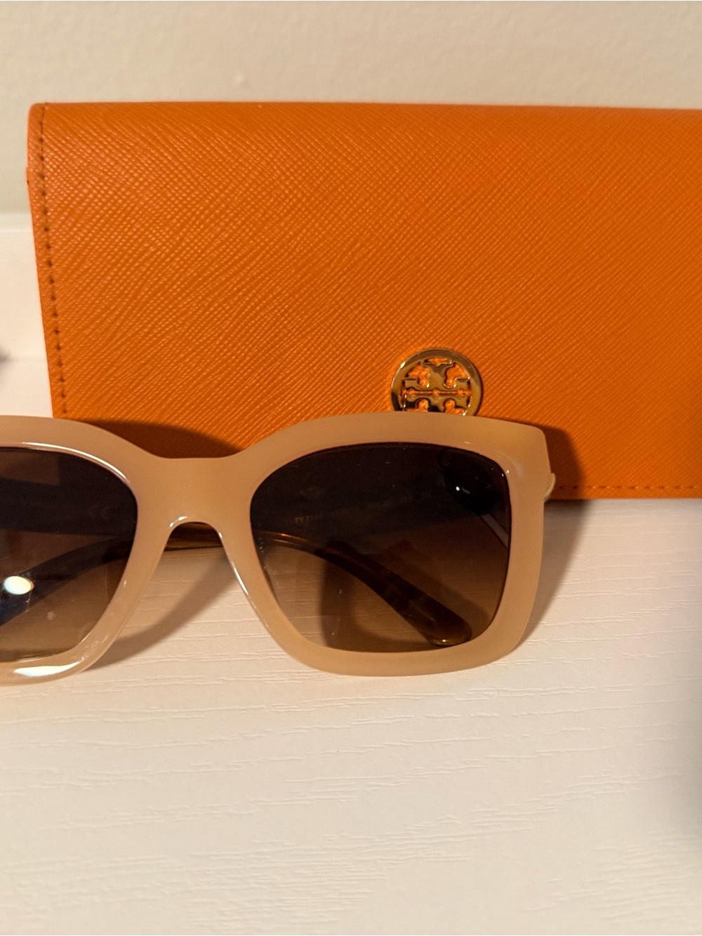 Tory Burch Nude Beige Square Sunglasses with Orange Logo Case